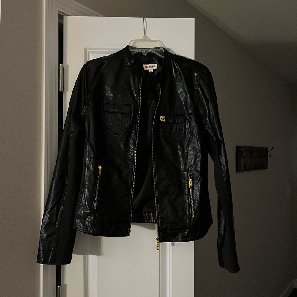 True Religion Black Leather Jacket with Gold Accents